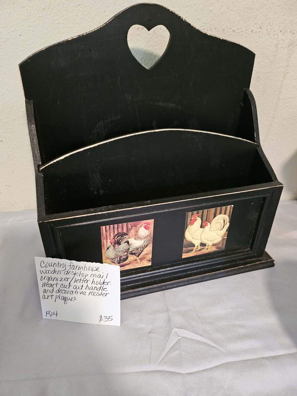 Country Farmhouse Black Wooden Mail & Letter Organizer with Heart Cutout
